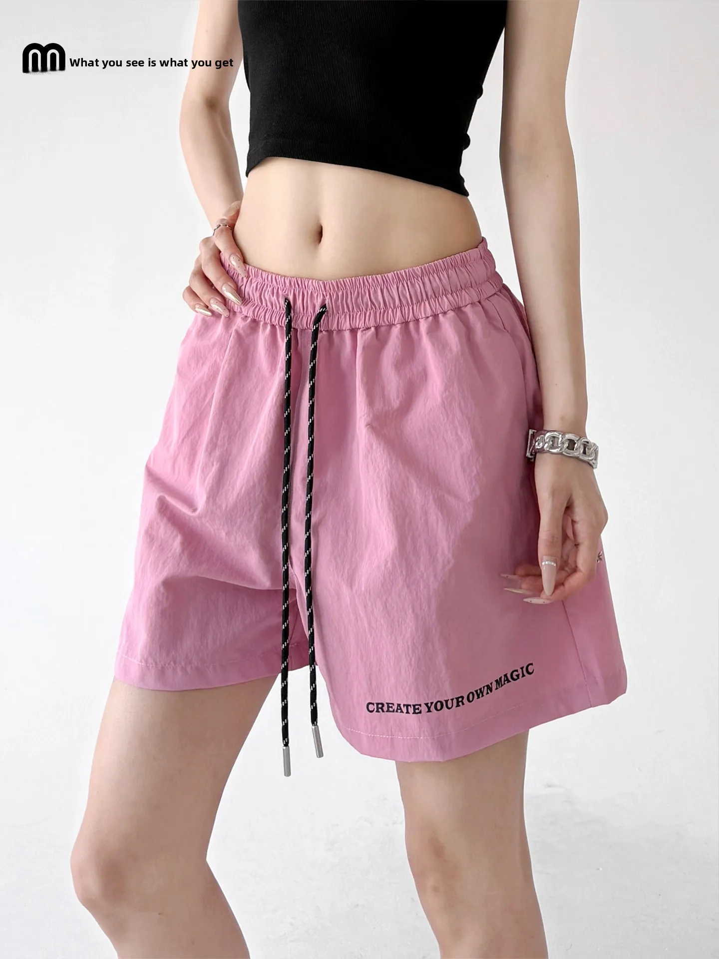 

Original Design Pink Sports Pants Women's Summer New Thin A-Line Casual Shorts Quick Dry High Waist Wide Leg Pants Polyester ...