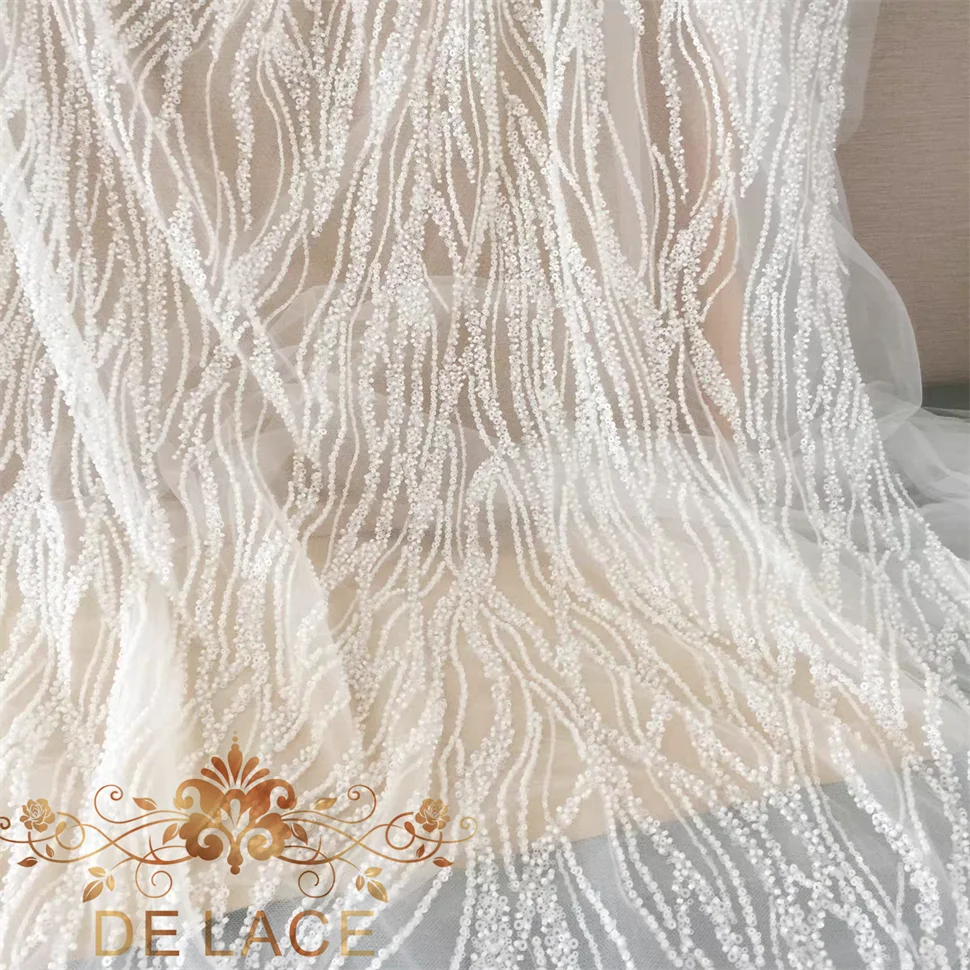 

SXGN Luxury White Bridal Lace Fabric with Heavy Beaded Sequin Net Embroidery Beads Wedding Dresses DIY Tulle Mesh