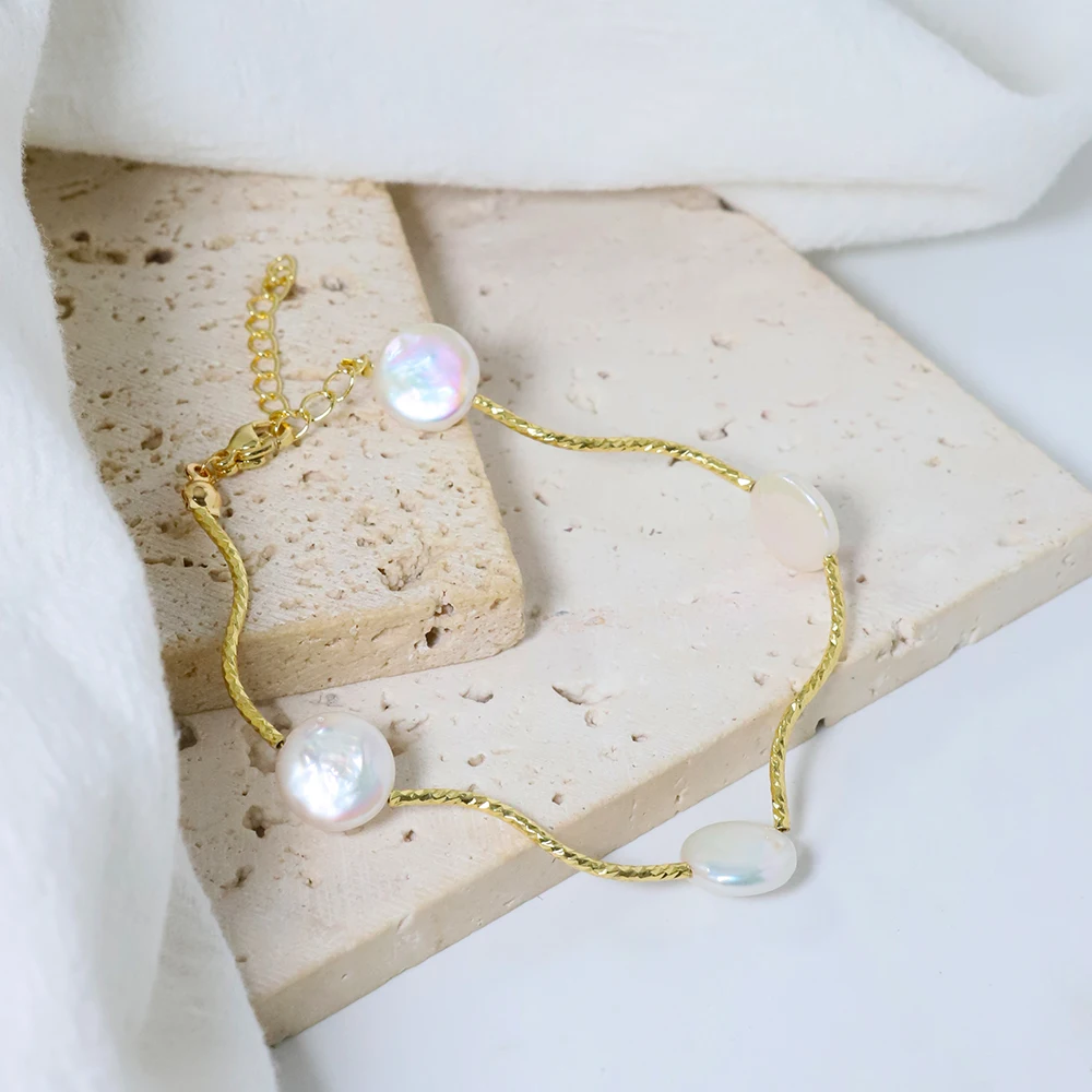 

Natural Freshwater Pearl Half Baroque Round Pearl Bracelet Korean Women's Luxury Jewelry Fashion Women's and Girls' Gifts GB1129