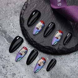 10Pcs Handmade Black Press on Nails Abstract Face Design Fake Nails Almond Full Cover Manicure Art Kit Acrylic Finger Nail Tips