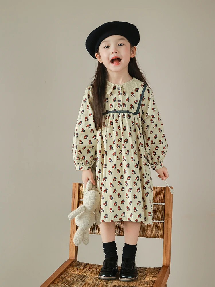 2024 Girls Long Sleeves Floral Printing Dress Girl Round Neck Top Children Pants Turn-Down Collar Dresses Boutique Clothing