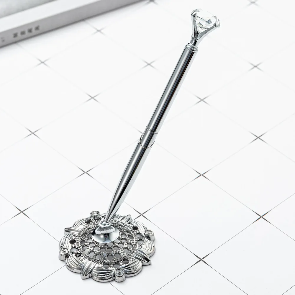 

Attached Base Signing Diamond Pen Wedding Decor Smooth Writing Reception Desk Pen Table Decor Antique Metal Pen Stand Holder