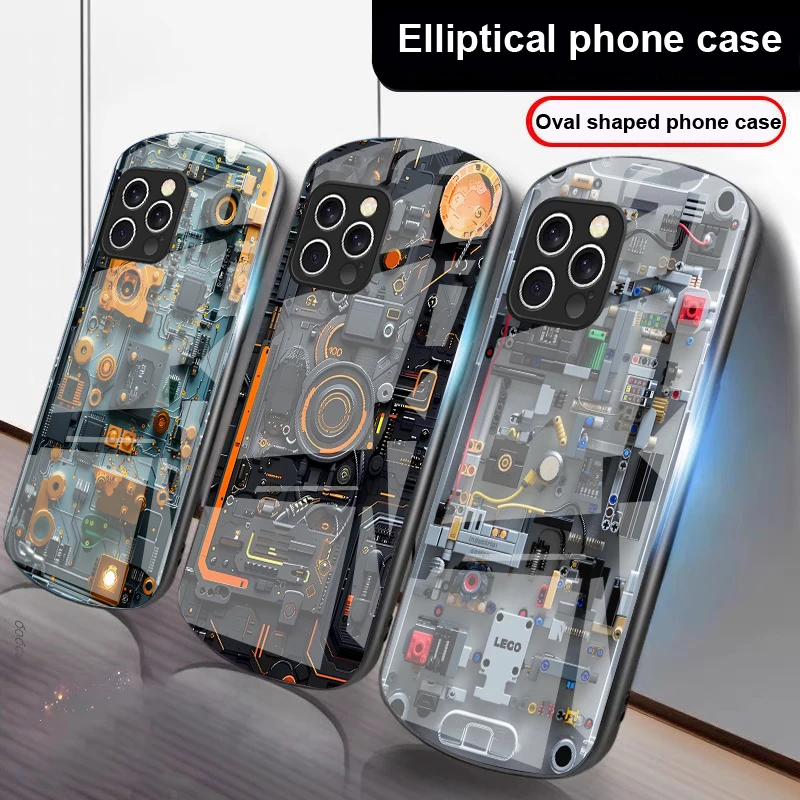 

Mechanical Device Black For IPhone 16 Pro Max 15 Pro 14 13 12 Mini 11 XS Max XR 7 8 Plu SE 2022 Elliptical Glass Phone Case