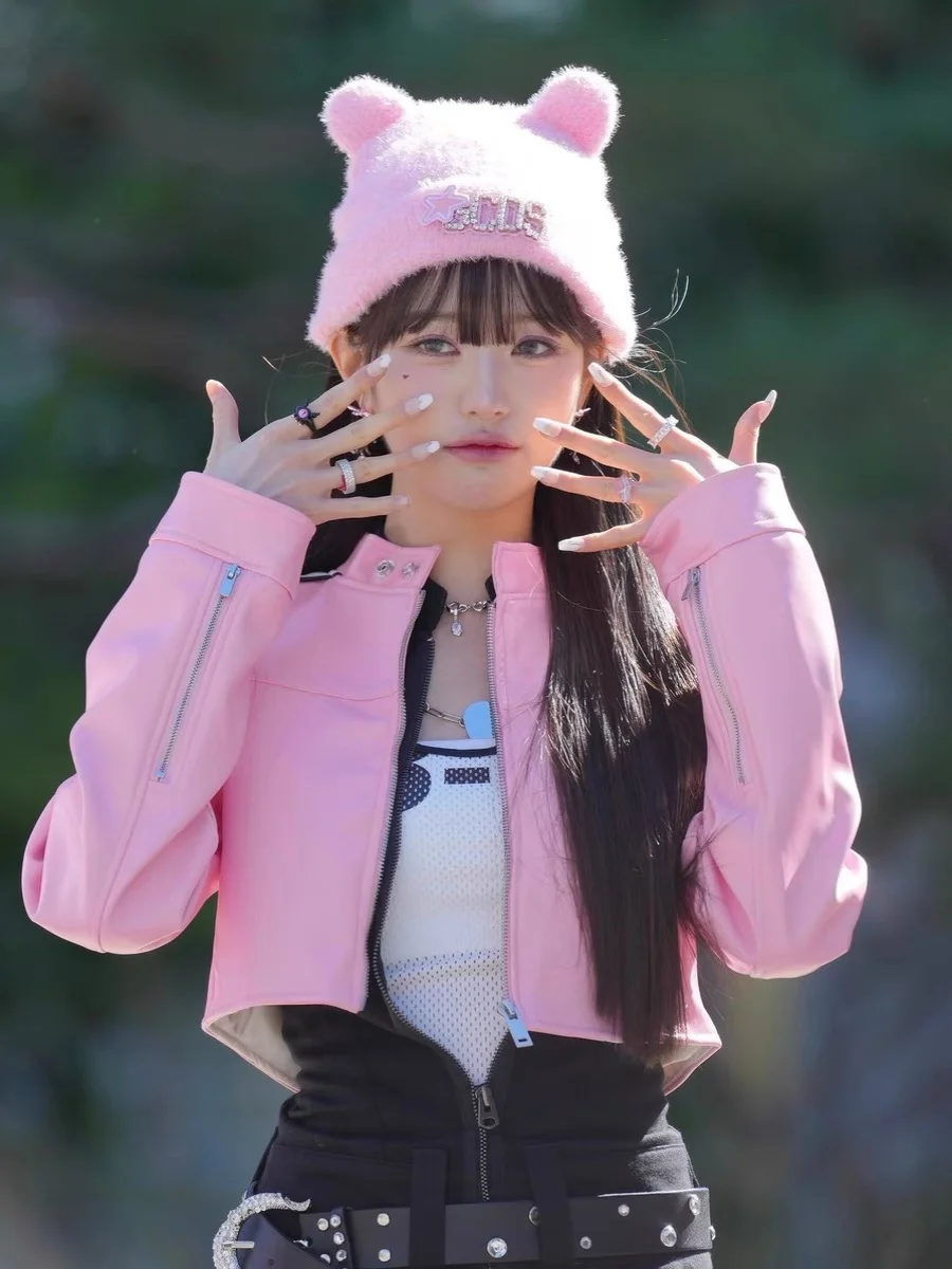 Kurtka damska Zhang ng Korean Sle Retro ort PU Leather Jaet Zipper Long Sve Slim Fit, różowo-biała, blok kolorów