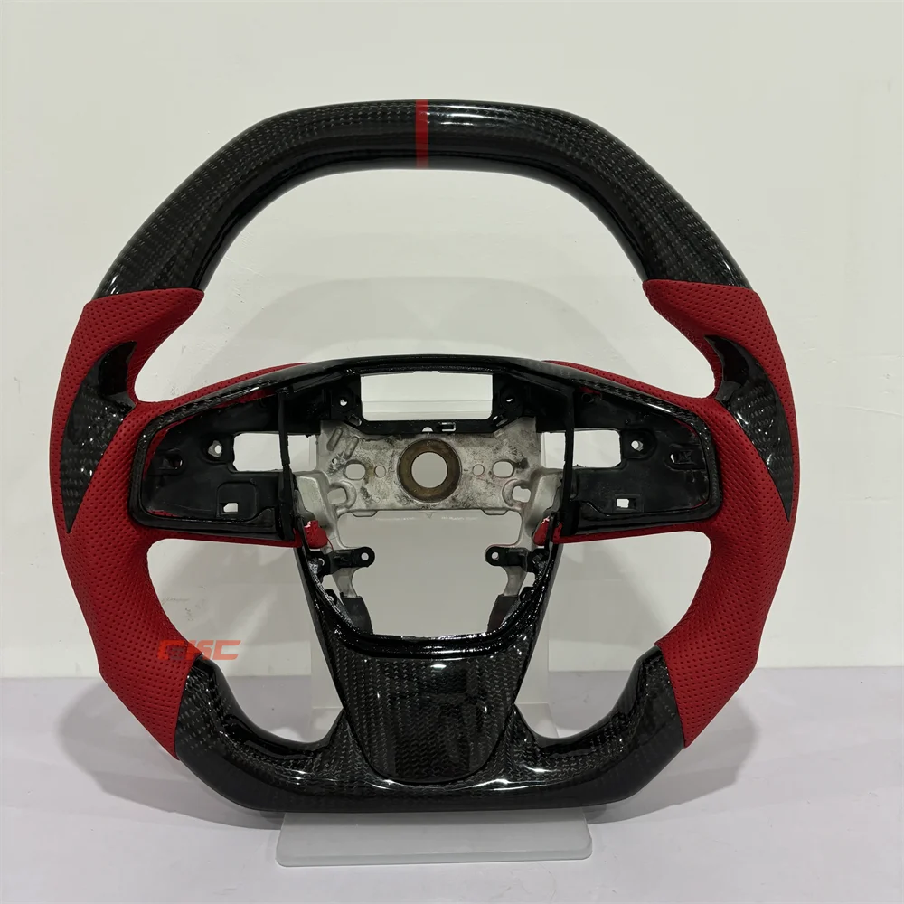 

Customized black Carbon Fiber red Perforated Leather Strip steering wheel For Honda Civic TYPER 2021