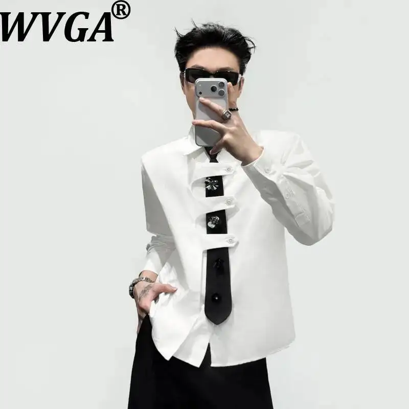 

WVGA Korean Style Spring Summer New Men Long Sleeved Shirts Hollow Out Metal Floral Decorative Buttons Match Tie Tops Ins W25237