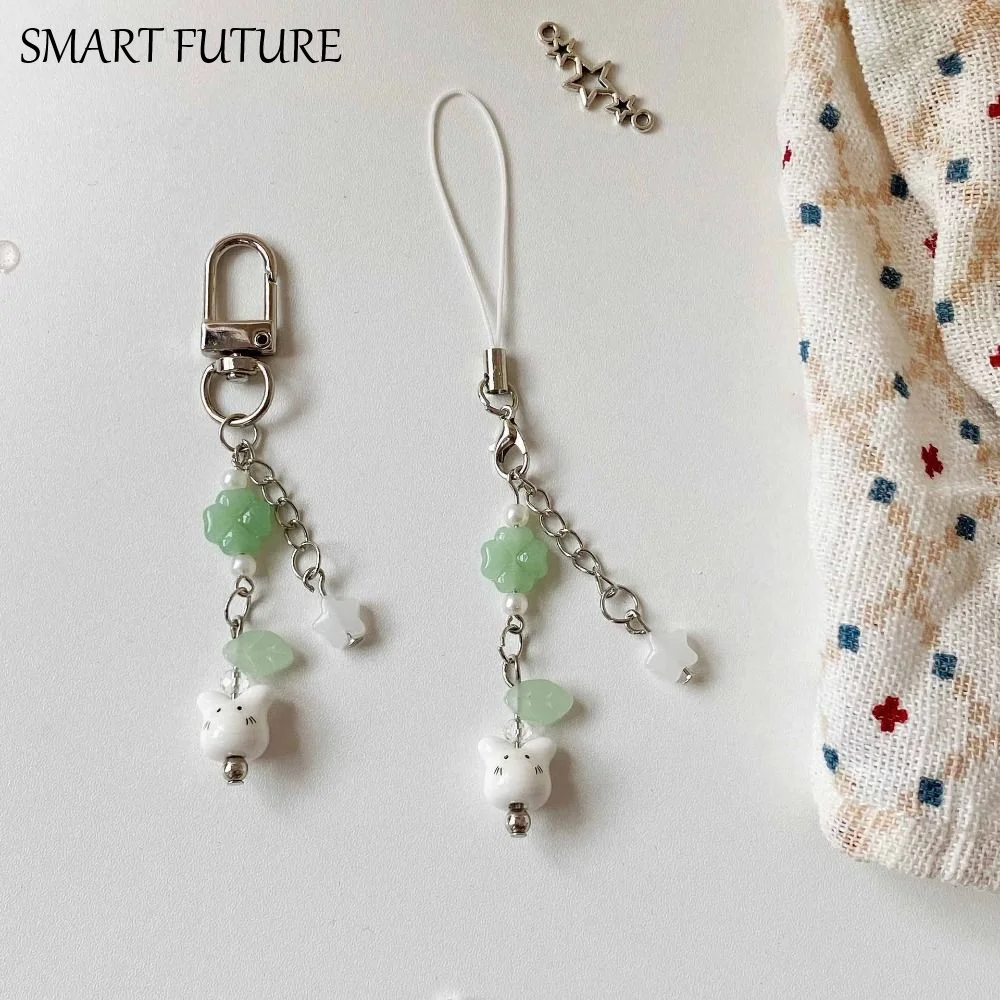 

Y2K милый подвесной телефон из бисера, подвесное украшение, модный вид, керамика, брелок в виде кролика, ремешок с кроликами, шнур, кулон с четырьмя листами клевера