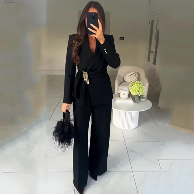 

Autumn Two Piece Pants Set Office Lady Buttoned Blazer Spring Fashion Lapel Long-Sleeve Jacket High-Waist Straight-Leg Trousers