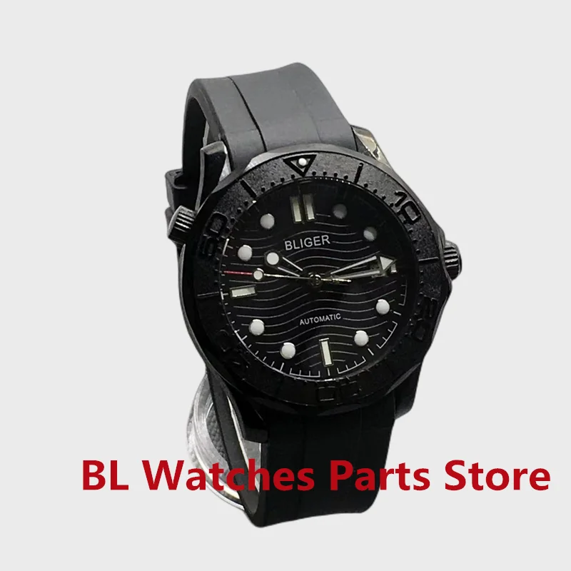 BLIGER 41mm Mechancial Men Watch Black Dial Luminous Sapphire Glass NH35A MIYOTA PT5000 Movement Rubber Strap Date Function