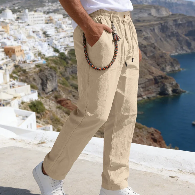 

Men's Cotton Linen Casual Pants Elastic Waist Drawstring Straight Leg Trousers 8 Colors Available