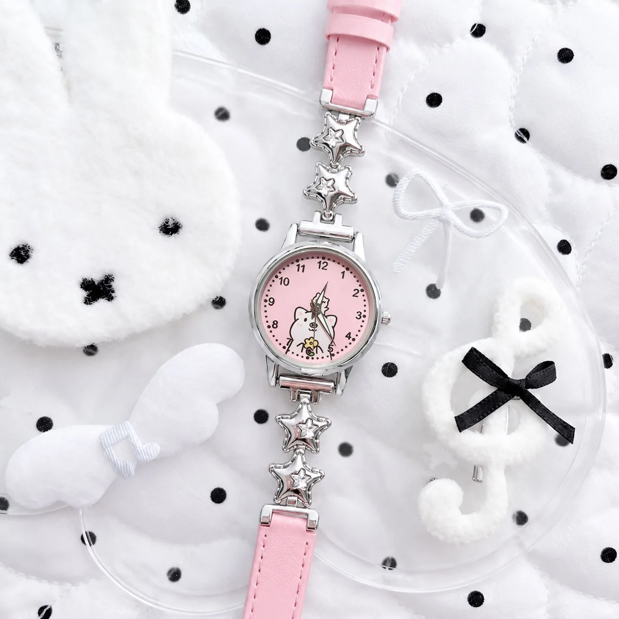 1Pc New Style Star and Moon Stitching Leather Strap Cartoon Watch for Female Students, Silent Quartz Women's Watch, Children's Watch for Girls
