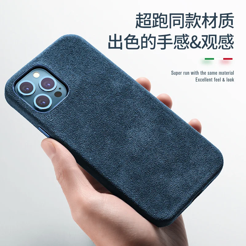 

Suede New Real Genuine Full Edge Protect Phone Cover For iPhone 12 13 Pro Max Mini Villus Fur Case Metal Button.