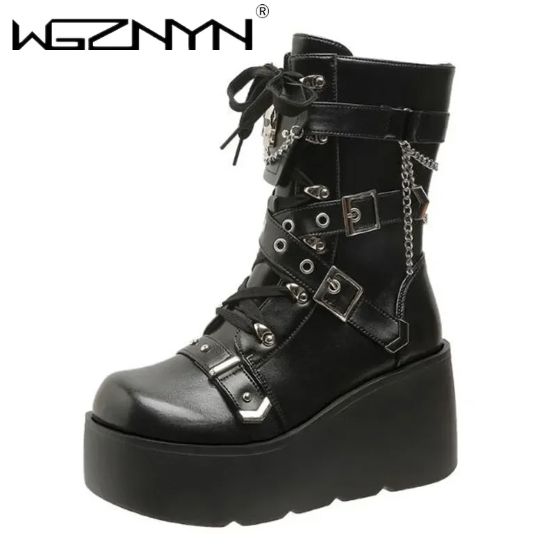 High Quality Leather Gothic Black Boots Women Heel Sexy Chain Chunky Heel Platform Boot Female Punk Style Ankle Boot Zipper 2025