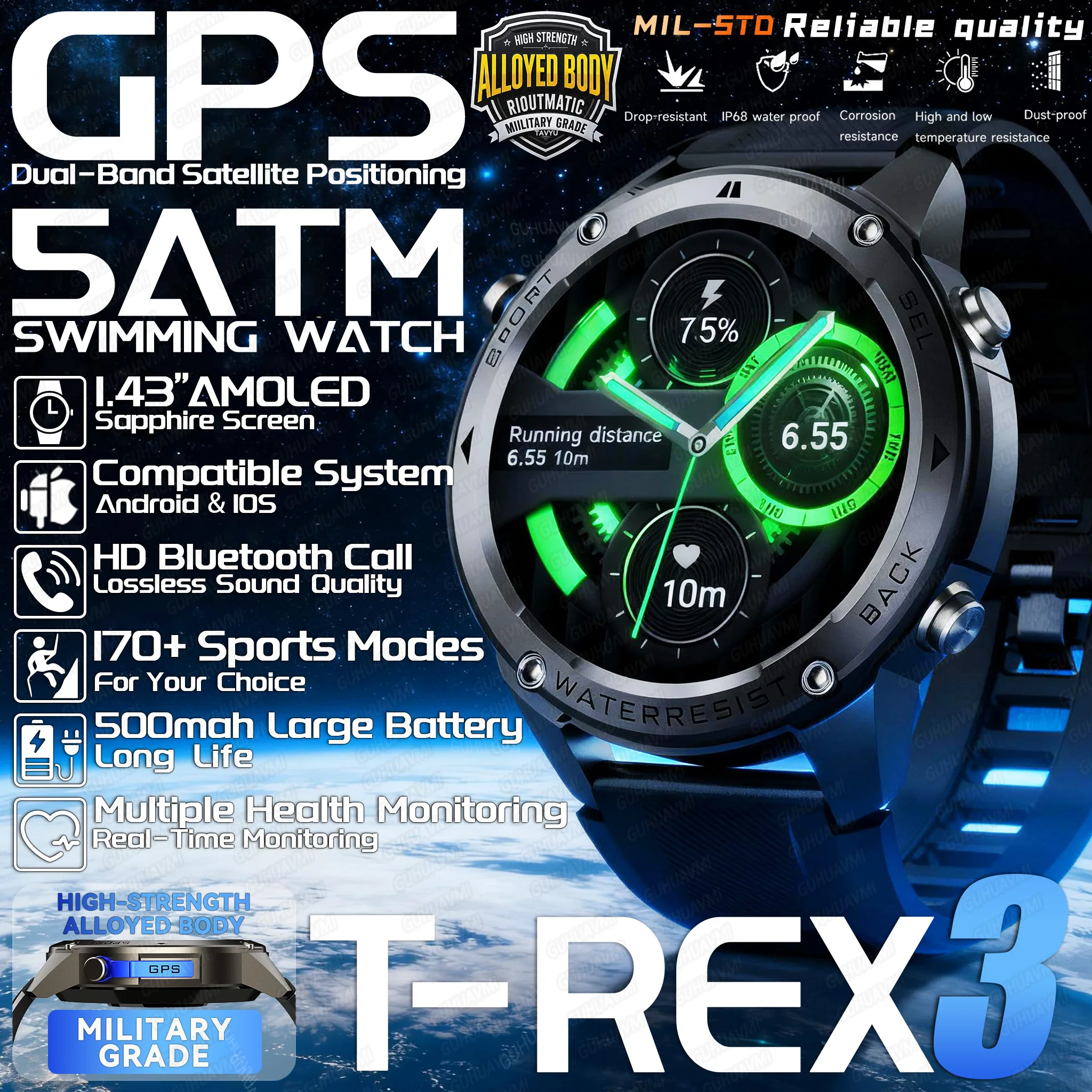 new-t-rex3-military-sport-tracker-smart-watch-men-built-in-gps-position-support-swim-5atm-waterproof-compass-143-call-bracelet