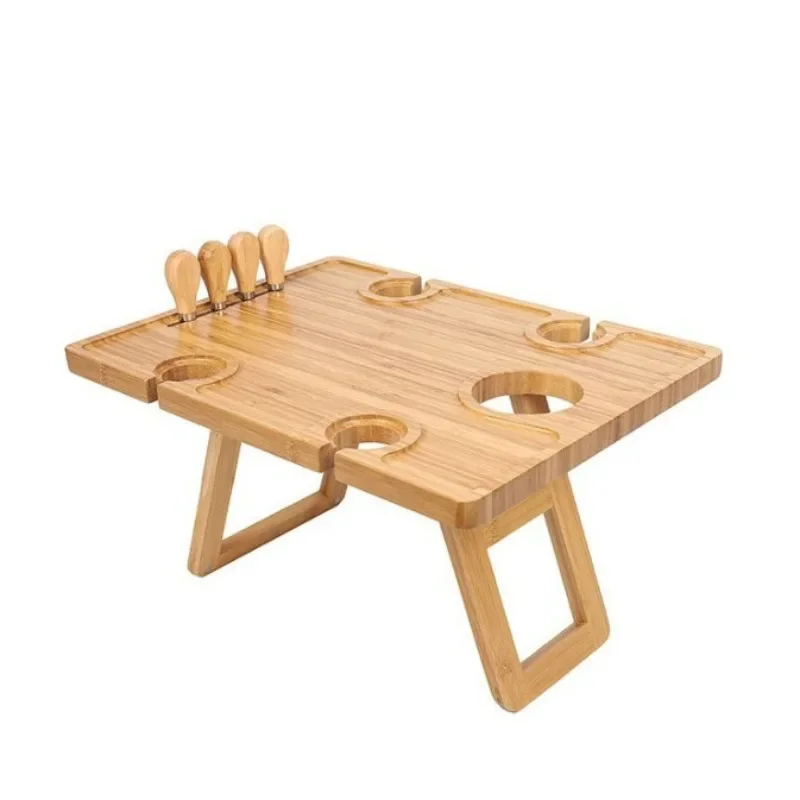 Square wooden picnic table bamboo wine glass folding table beach barbecue outdoor camping portable rack