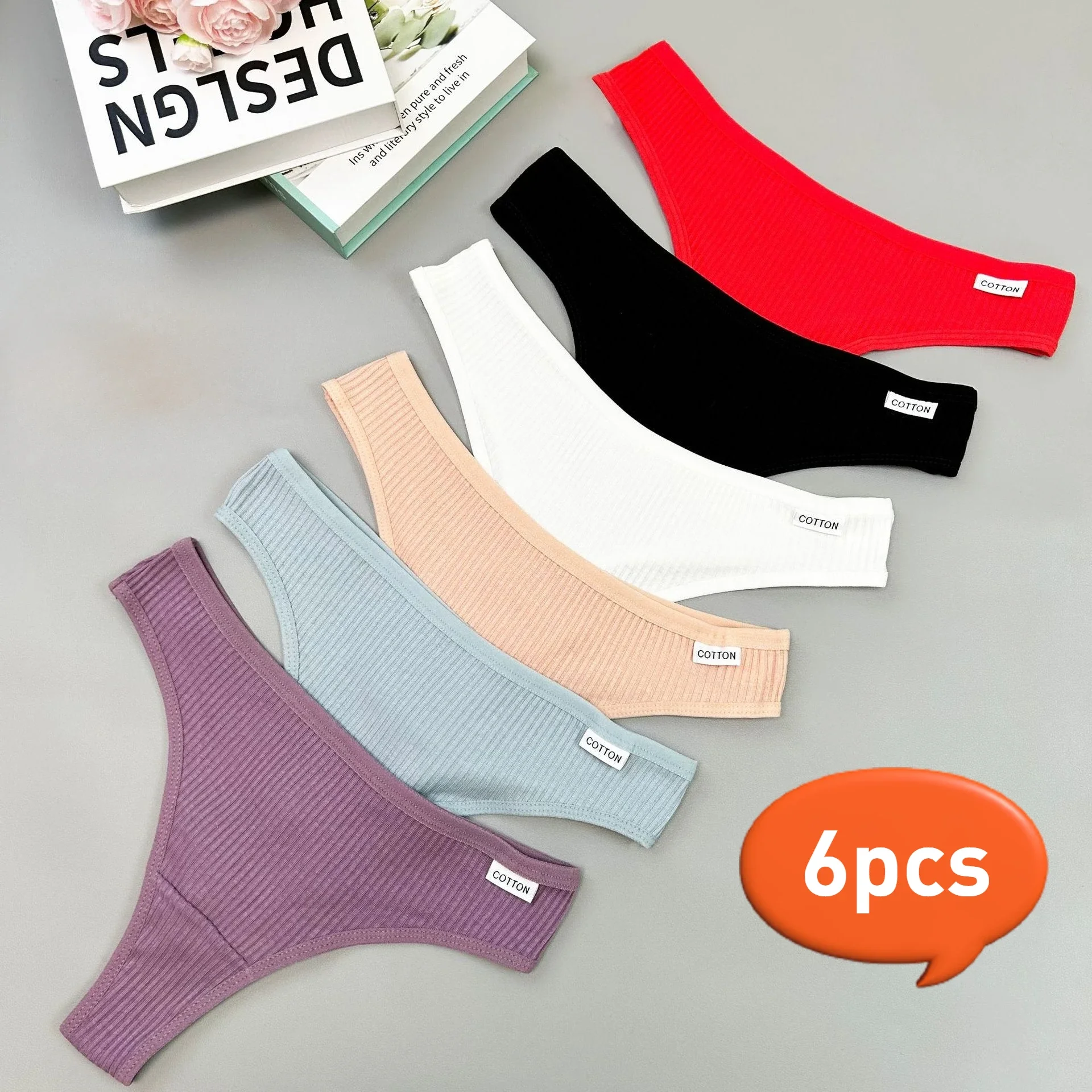 6Pcs/Set Women Cotton Thongs Panties Female Ribbed Low Rise G-String Ladies Sexy Bikini 7 Solid Color Girl Soft M-XL Intimates