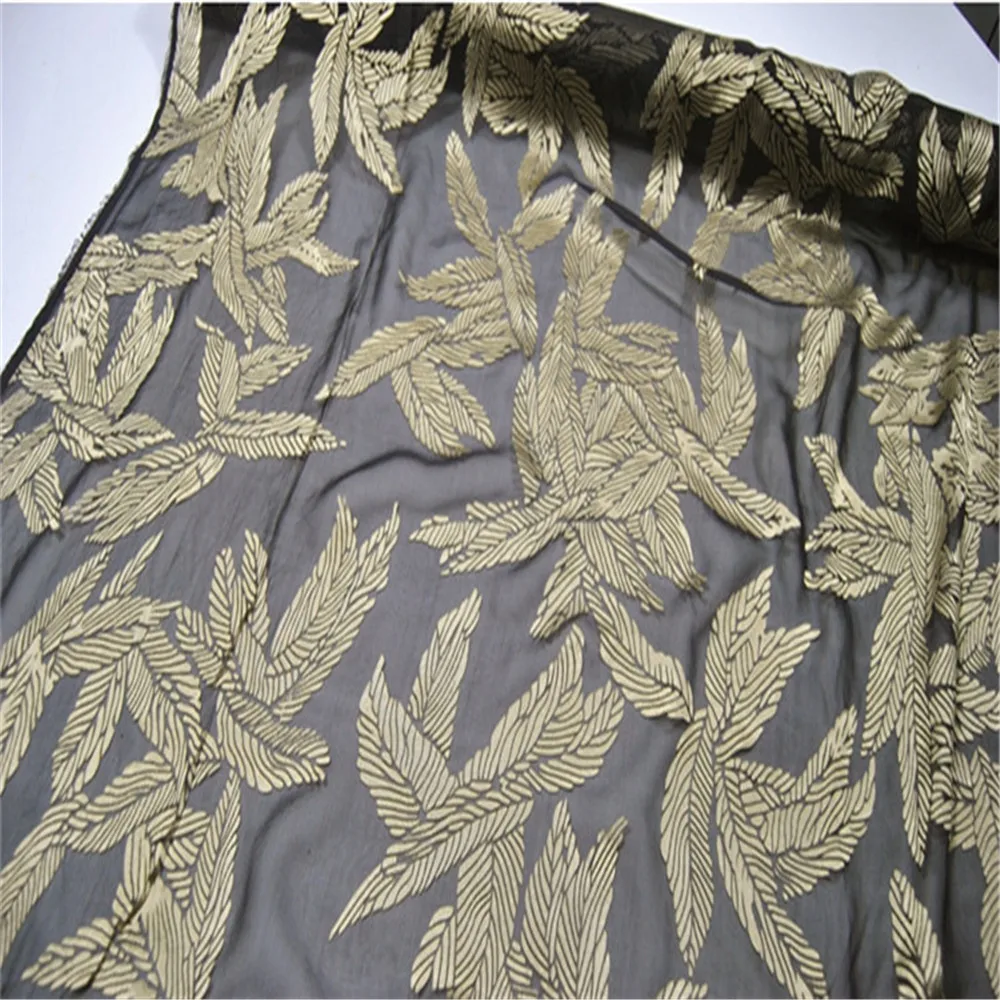 Shiny Elegant 100% Silk Burn Out Fabric Opal Black Gold Leaves Spring Summer for Women Shawl Scarves Saree Dresses