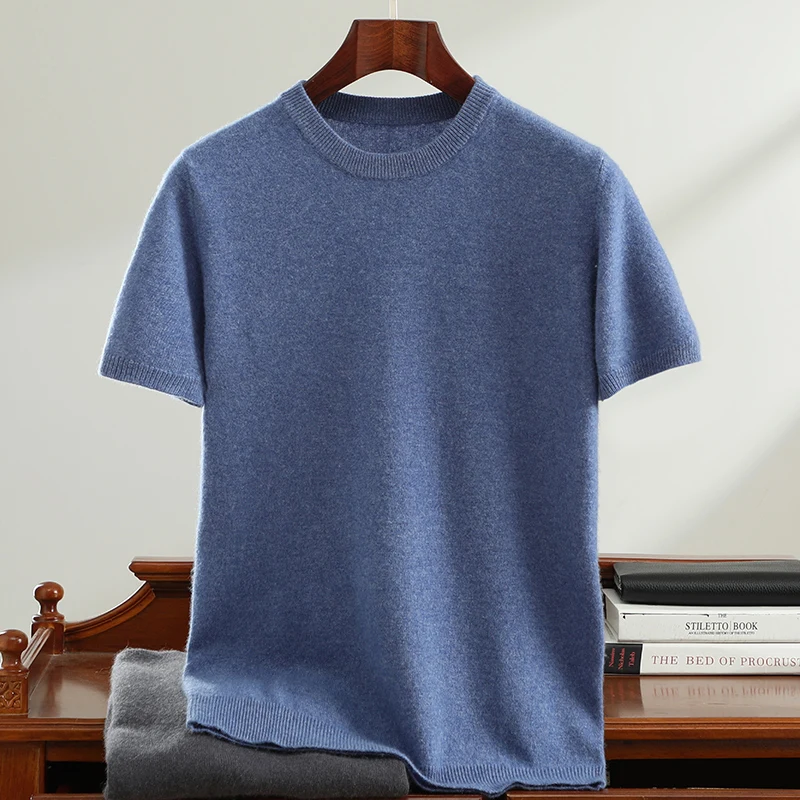 

100% Pure Cashmere Men's Crew Neck Short Sleeve Base Layer Loose T-Shirt Versatile Casual Knitted Solid Color Sweater