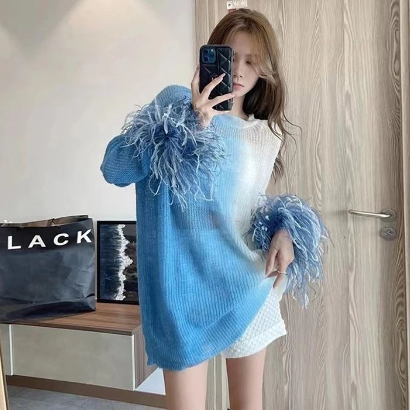 

Spring Fall Faux Ostrich Hair Rainbow Gradient Blue Sweater Women Long Sleeve Knitted 3D Feather Pullovers Knitwear Jumpers Tops