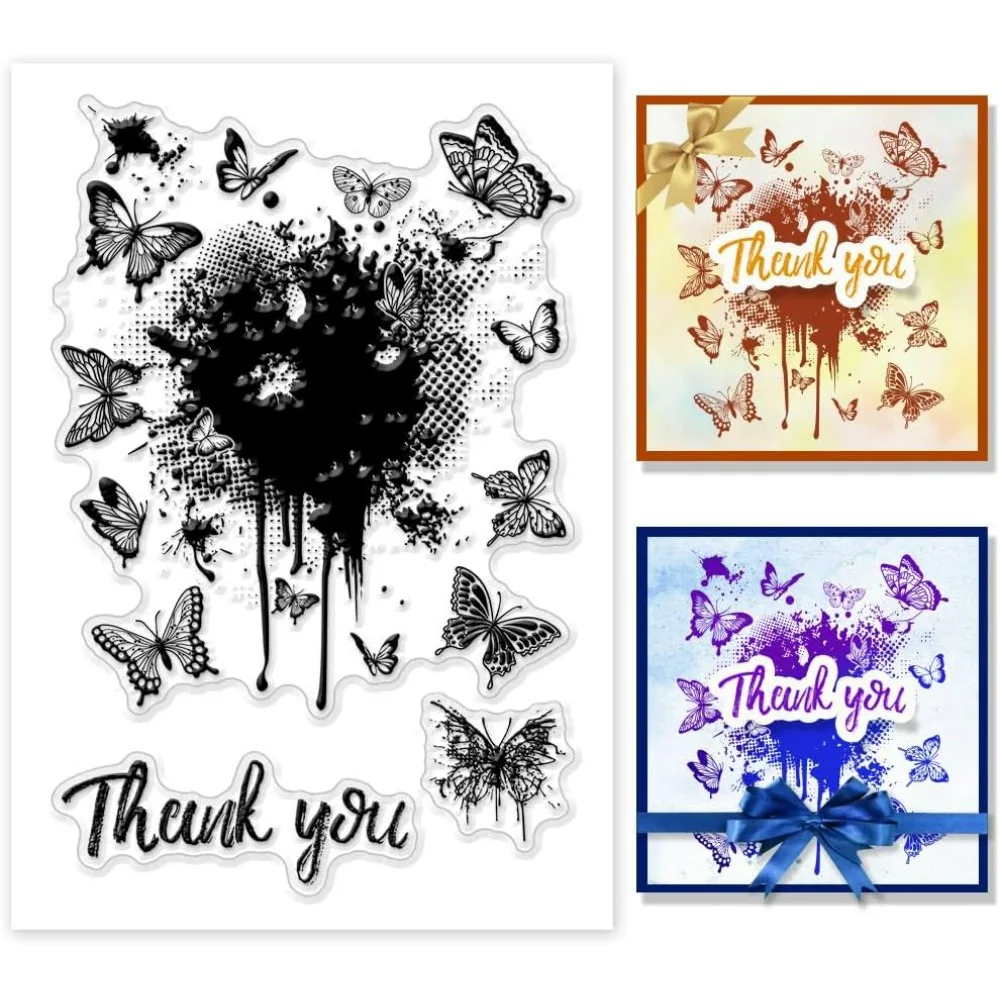 Butterfly Clear Stamps for Card Making, Thank You Rubber Stamps Insects Transparent Craft Stamp Background Plate Seal Stamp