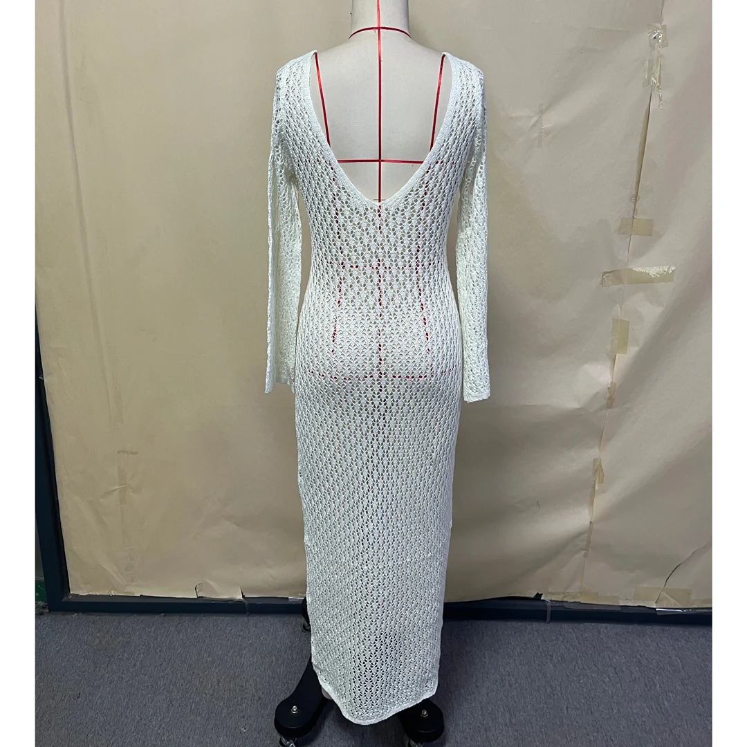 8 Farben, V-Ausschnitt, langärmeliges, gehäkeltes, gestricktes Tunika-Strandkleid, Strandmode, Strandbekleidung, Strand-Cover-up, Damen, V5046 – Detail 34