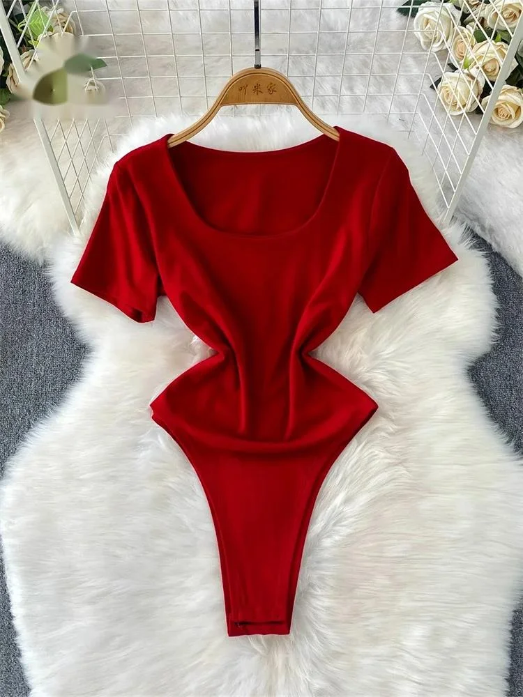 

Minimalist Feminine Versatile Playsuits Women Solid Open Crotch Bodysuit Summer Office Lady Trendy Simple Rompers