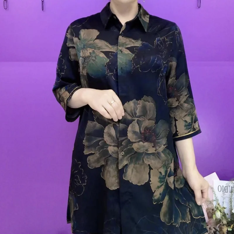 

Women's Mid-length Floral Shirt Summer 3/4 Sleeve Mom Wear Loose Casual Sun Protection Blouse