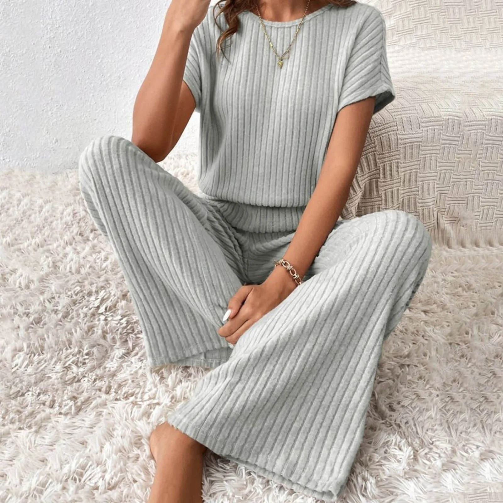 Women'S Solid Pant Sets 2024 New Casual Fashion Short Sleeves T-Shirt Straight Loose Wide Leg Pant Pit Strips Two-Piece Set