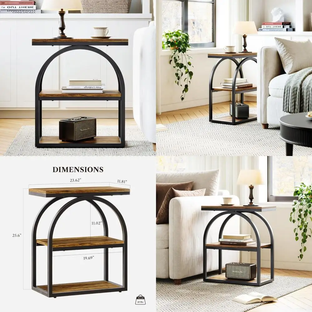 

Industrial-Style 3-Tier Storage Nightstand, Arched Metal Frame Bedside Table for Living Room and Bedroom