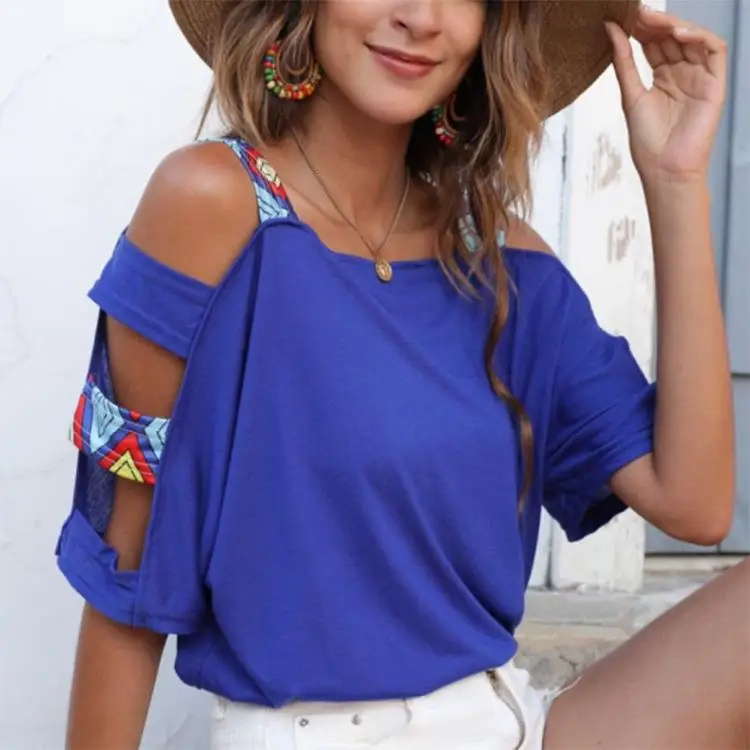 

Женская футболка с открытыми плечами, свободный крой из полиэстера, летний женский топ Faion