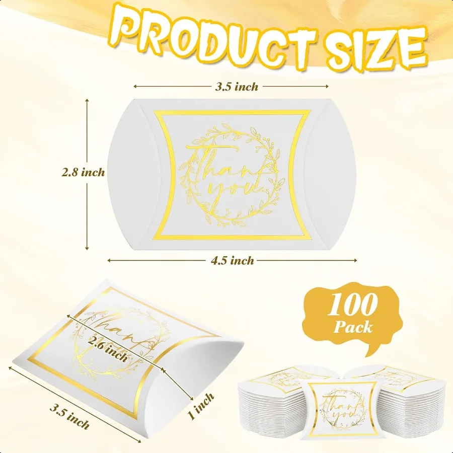 100 Pcs Thank You Pillow Boxes 3.5x2.4x1 Inch Paper White Gold