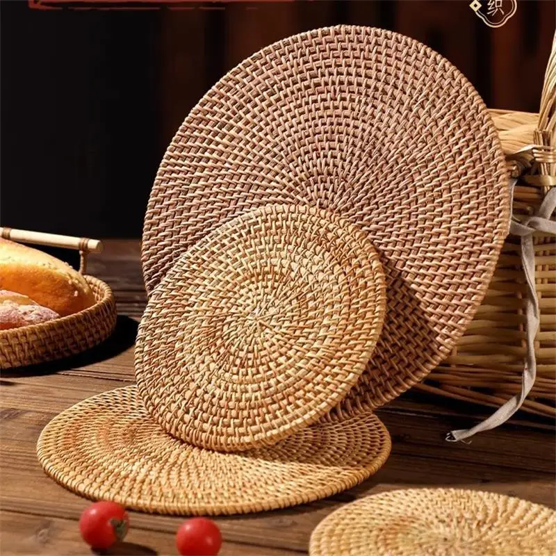 8-20cm Round Natural Rattan Cup Mat Coasters Hand Woven Hot Insulation Placemats Table Padding Kitchen Decoration Accessories