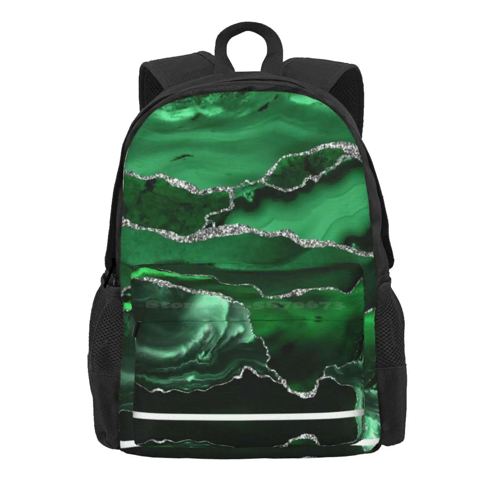 Emerald Green Faux Marble And Agate Texture Hot Sale Schoolbag Backpack Fashion Bags Graphic Design Abstract Gemstone Pattern