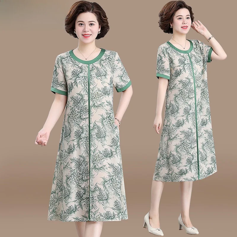 

Ele Midlife Mommy Summer Dr Faionable Chiffon Midi Skirt 40-49 Years Old Women's Clothing Korean Sle round Ne