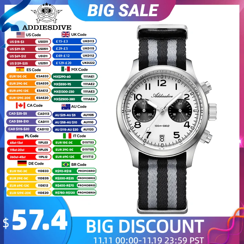 

ADDIESDIVE New Men Quartz Watch Japan VK64 Movement 39mm Luxury Sapphire Chronograph Wristwatch Luminous 100m Waterproof Diving