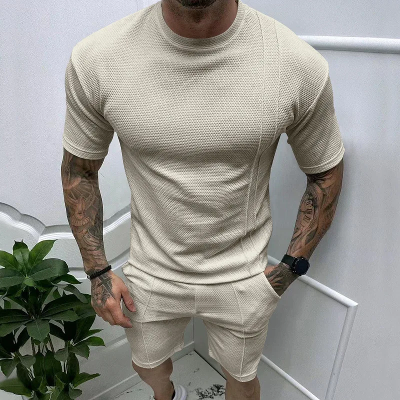 

Summer New Men's Crew Neck T-Shirt And Shorts Two Piece Sets Sports Casual Soild Tracksuits Male Drawstring Shorts Suit