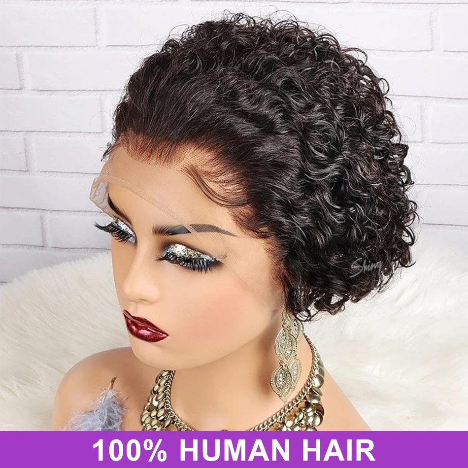 Short Bob Jeery Curly Human Hair Wigs Cheap Preplucked Hairline Brazilian Pixie Cut 13X1 HD Transparent Lace Wig For Women