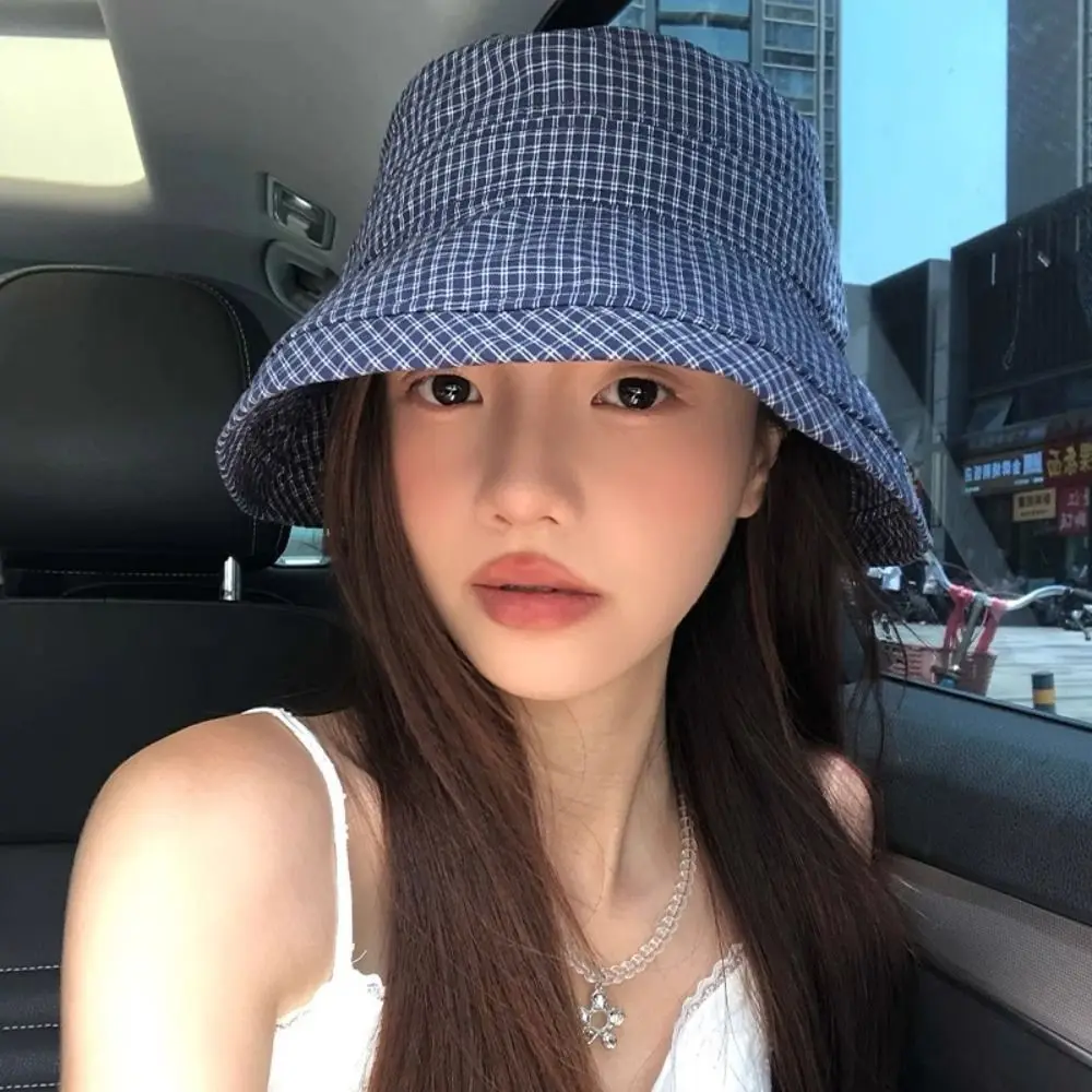 

Ins Summer Plaid Bucket Cap Quick-dry Curled Plaid Sun Hat Foldable Bow Fisherman Caps for Women