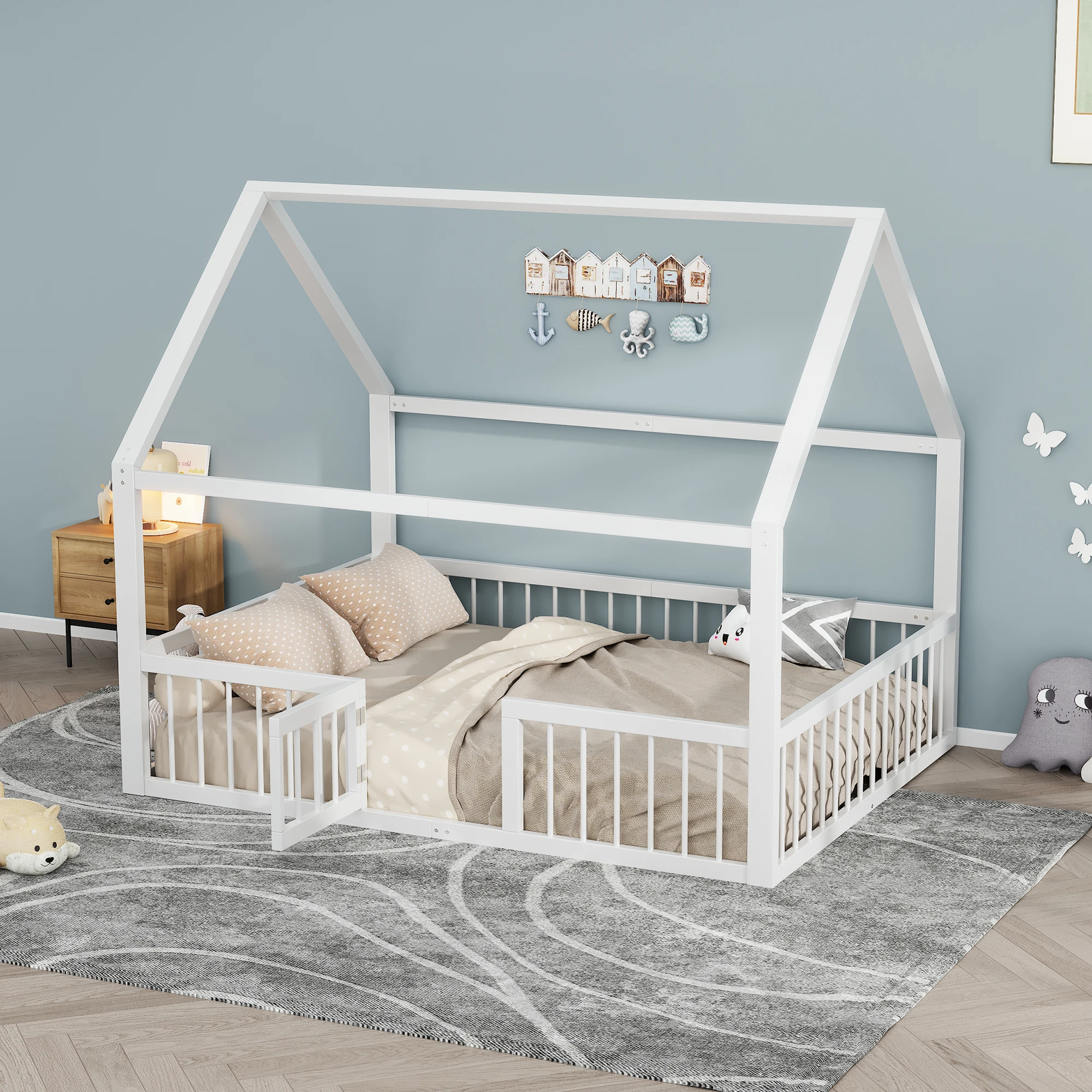 Lit cabane 140 × 200 cm, lit double - avec barrière et portillon - enfant - sans matelas - en métal - blanc