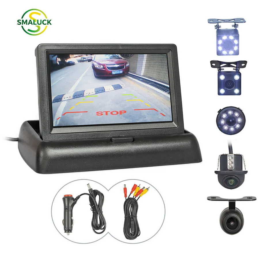 

SMALUCK 4.3inch Backup Car Monitor LCD Display Reversing Car Camera LED Color Night Vision Rear View Camera Kit Security
