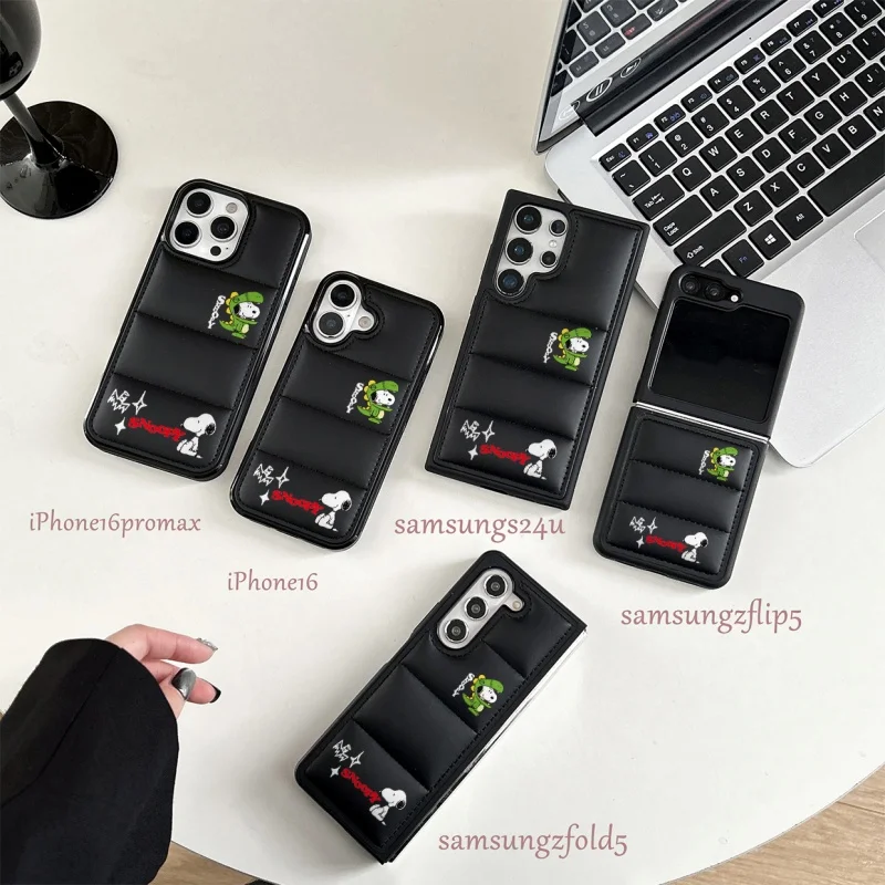 

Cute Snoopy dinosaur Luxury Down Jacket cloth Phone Case for iPhone 11 12 13 14 16 17 Pro Max Winter Snoopy The Puffer Cover﻿﻿