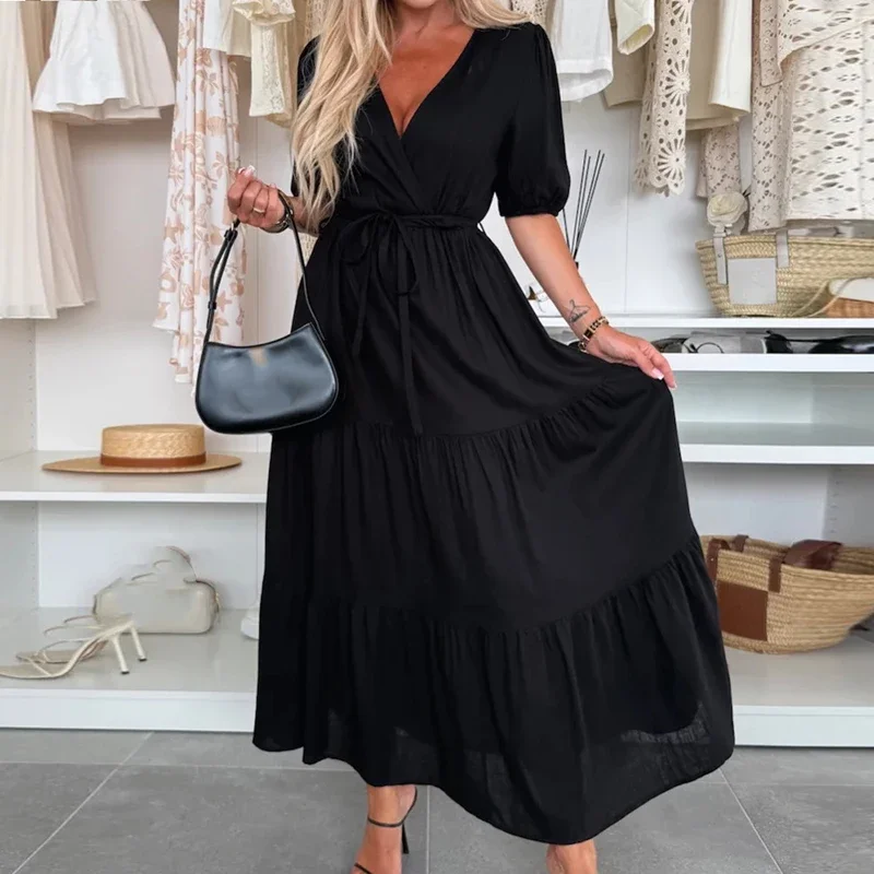 Vestido liso de retazos con mangas abullonadas, vestido Maxi de playa de verano, ropa bohemia elegante para mujer, vestido con cordón de media manga con cuello en V