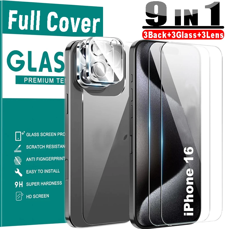 9 in 1 Tempered Glass Film for IPhone 16 Pro Max 16 Plus Front Back Screen Protector Camera Protective Lens Glass for IPhone16