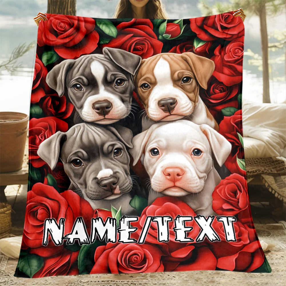 Anpassbare Flanell-Überwurfdecke mit amerikanischem Pit-Bull-Terrier-Aufdruck, leicht, wärmend, personalisierte Namens-/Textoption für alle Jahreszeiten