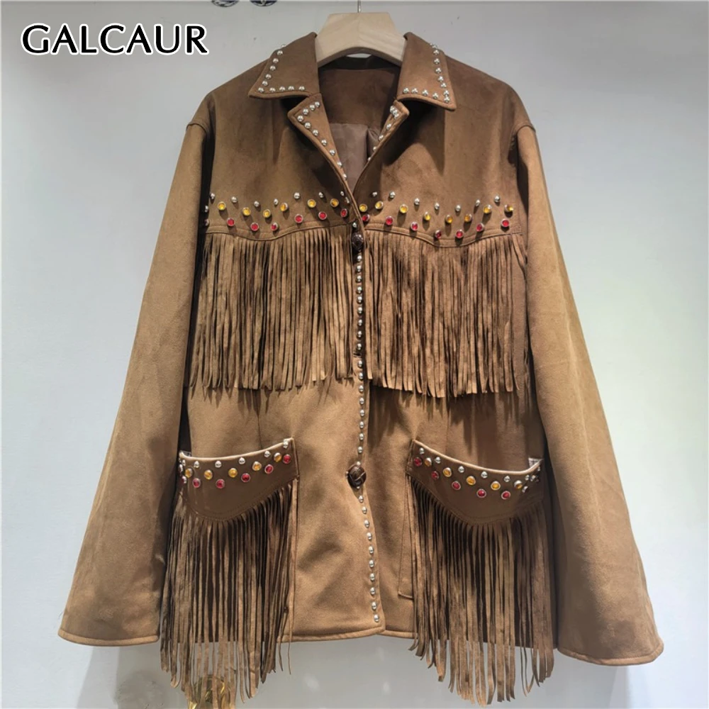 

GALCAUR Khakl куртка с кисточками женская с лацканами и длинным рукавом свободная винтажная уличная одежда женские куртки осенний стиль модная новинка