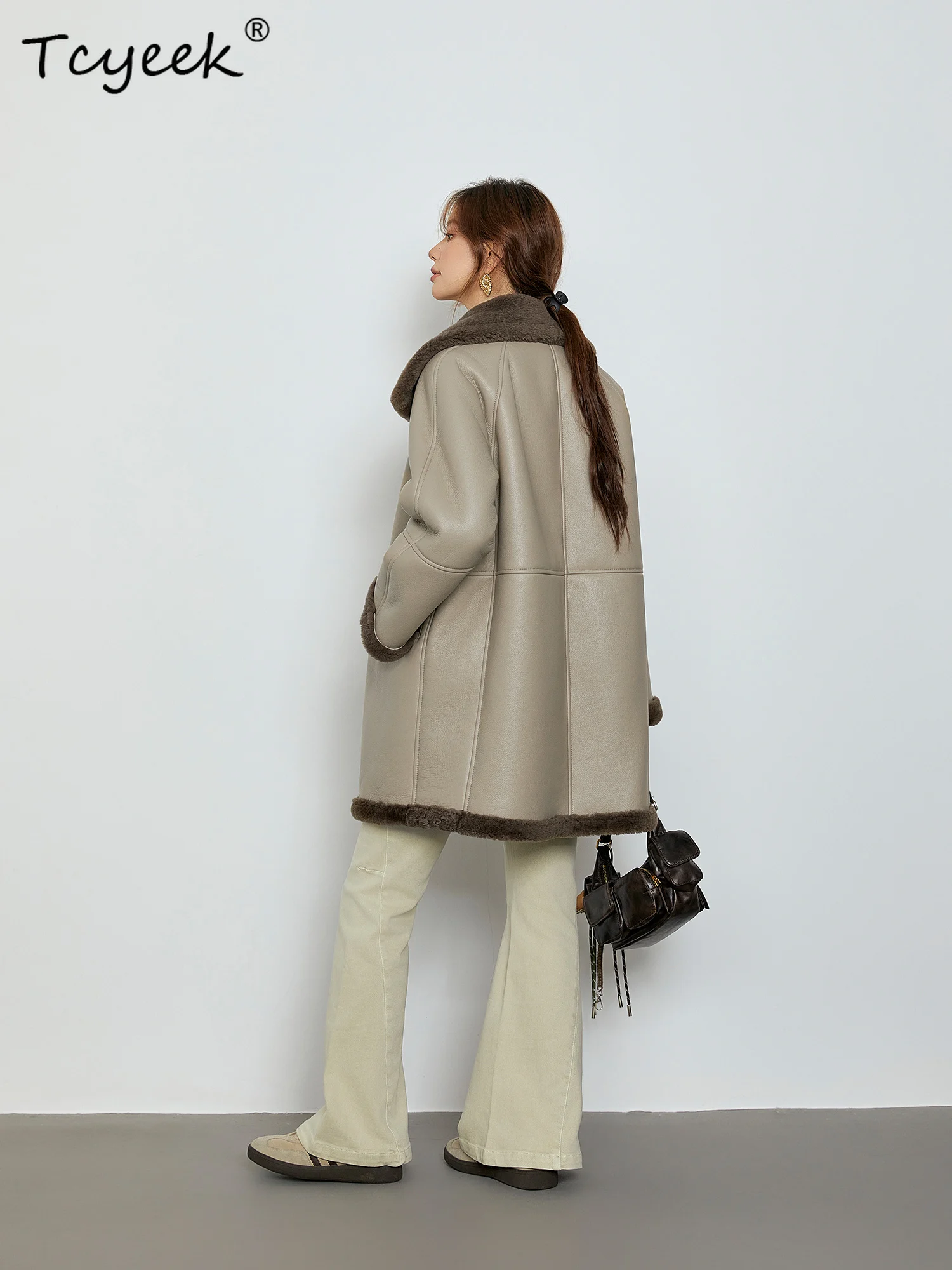 Tcyeek Wool Autumn Winter High End Trendy Thickened Fur Beige Color Medium Length Women's Lamb Wool Fur Coat Fourrures Femme