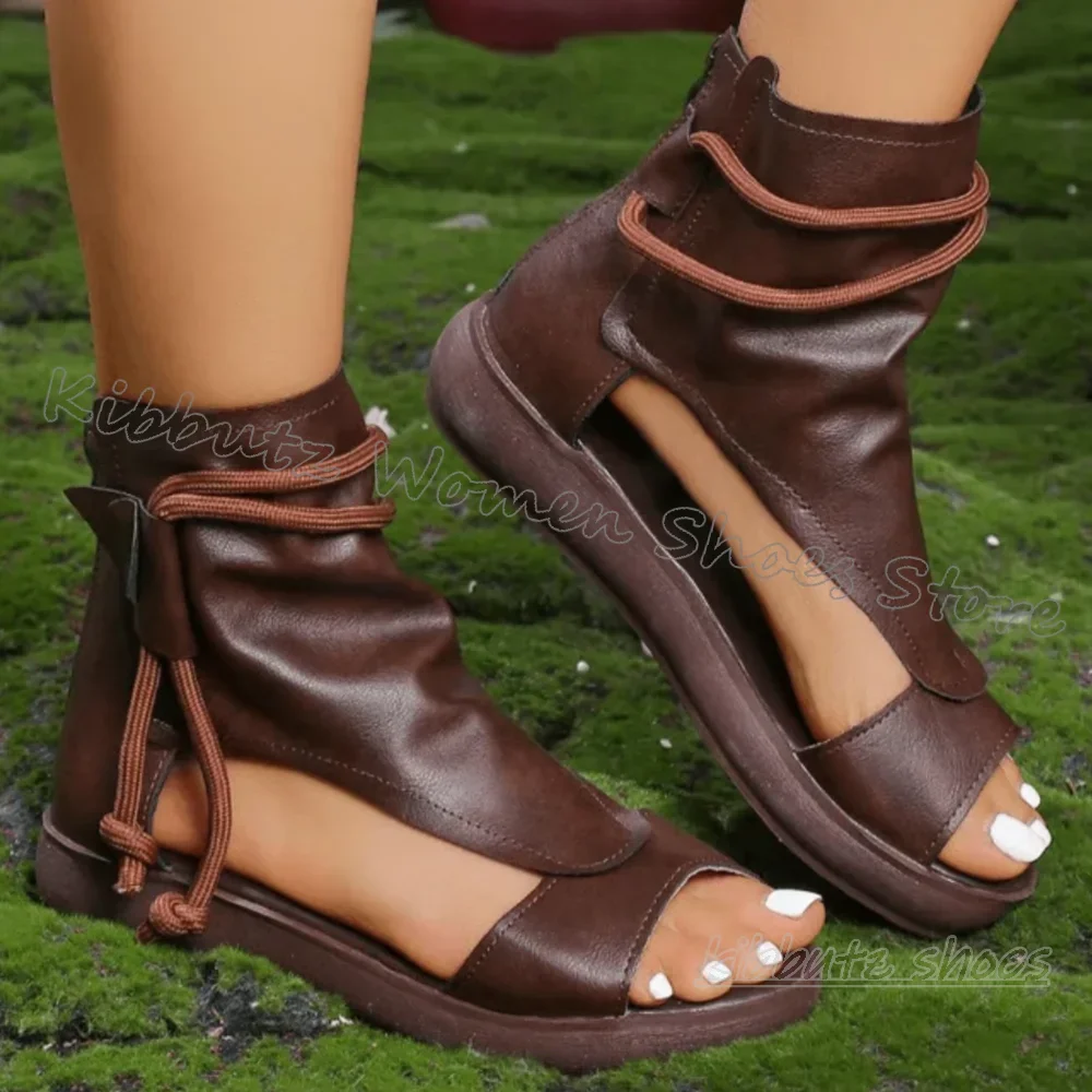 

Rome Sandals Leather String Button Leather Round Toe Flat with Solid Color Fashion Novelty Concise Sexy Women Shoes New Zippers
