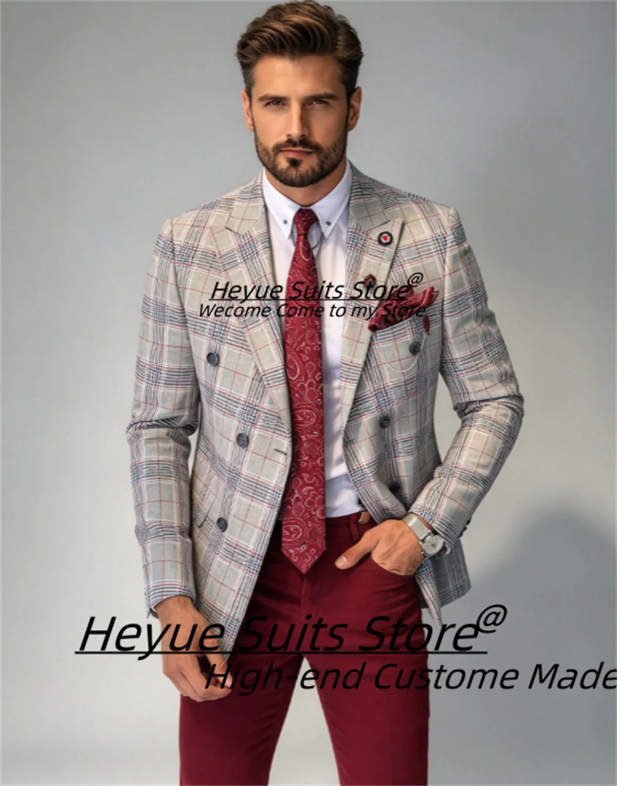 Formal Grey Plaid Double Breasted Men Suits Customized Slim Fit Groom Wedding Tuxedos 2 Pieces Sets Costume Homme