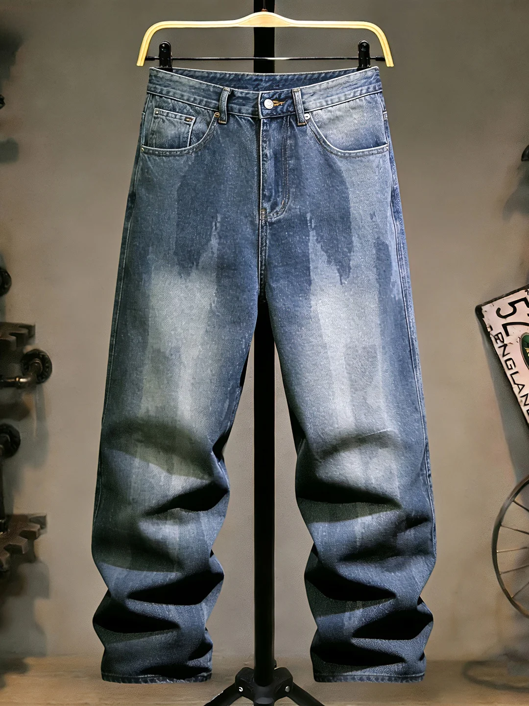 

Retro Waed Denim Jeans Men's Trendy Brand Color Blo Loose Straight Leg Long Pants Blue Versatile Waed Jeans Casual Faion
