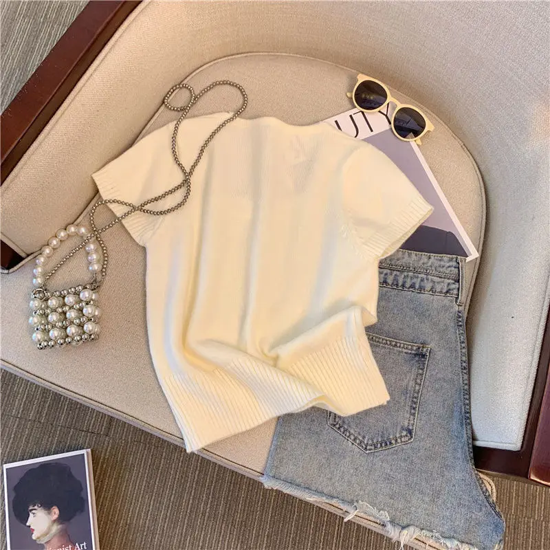 Summer Vintage Elegant Square Collar Slim Short Sleeve Tops Women's Fashion Diamond Elastic Knitted T-Shirt